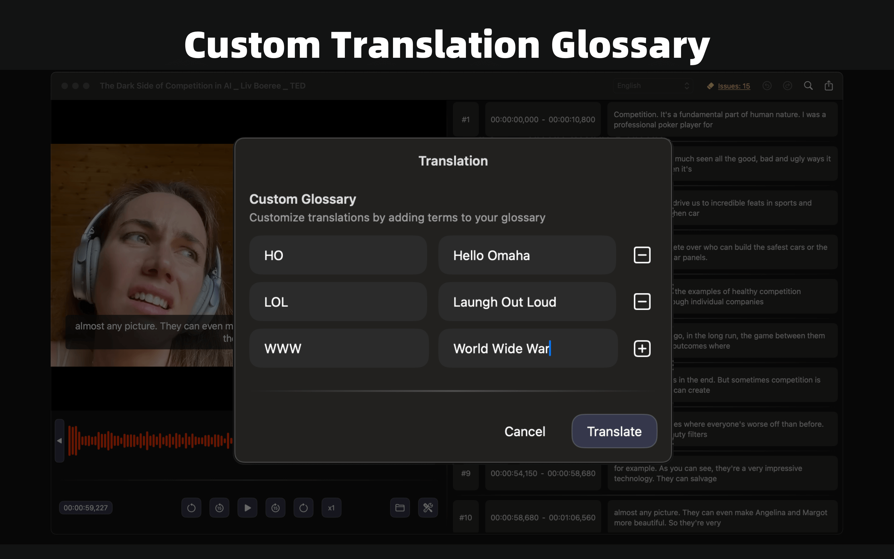 Screenshot for Customize Glossary page