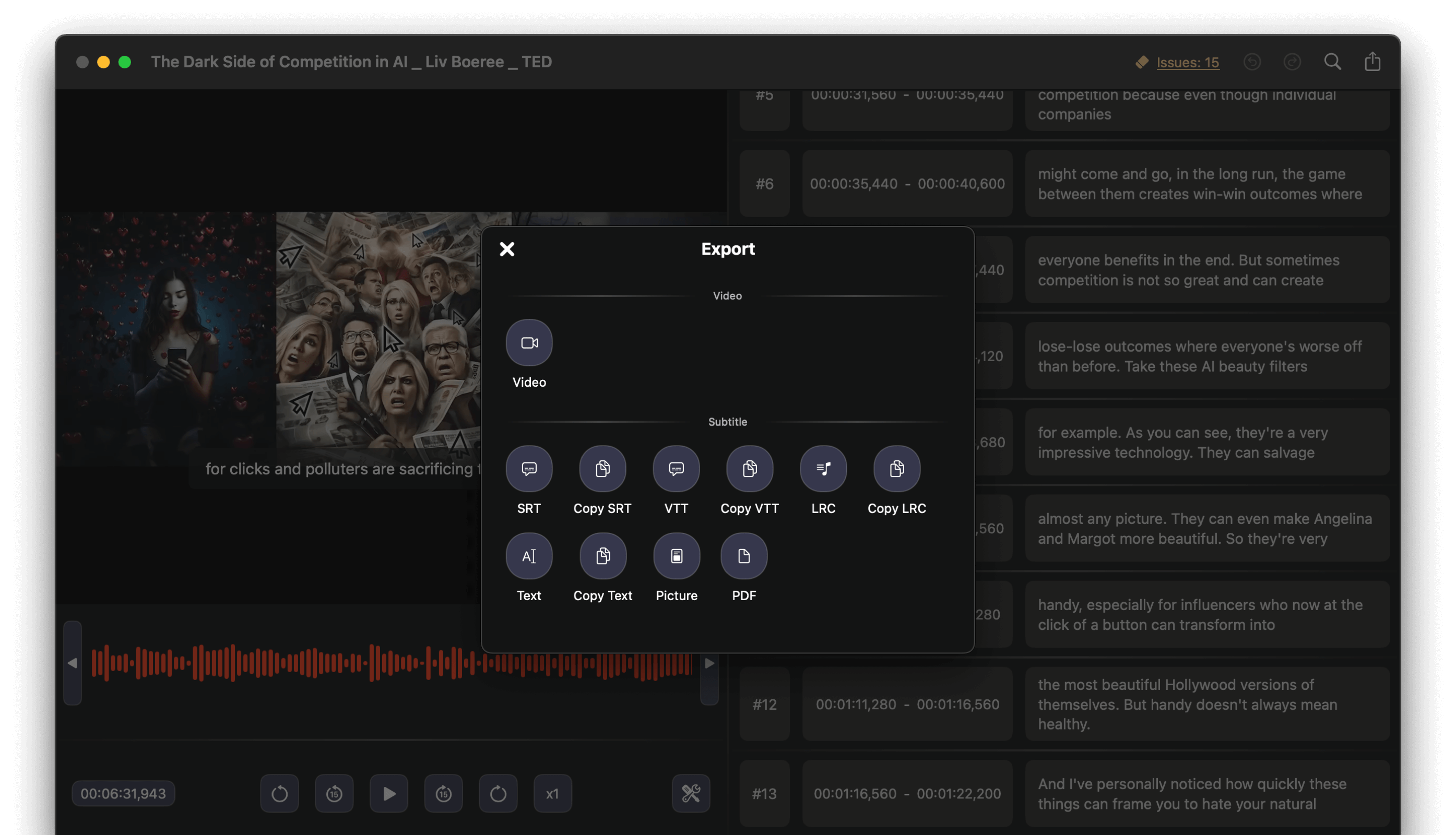 screenshot for exporing subtitles