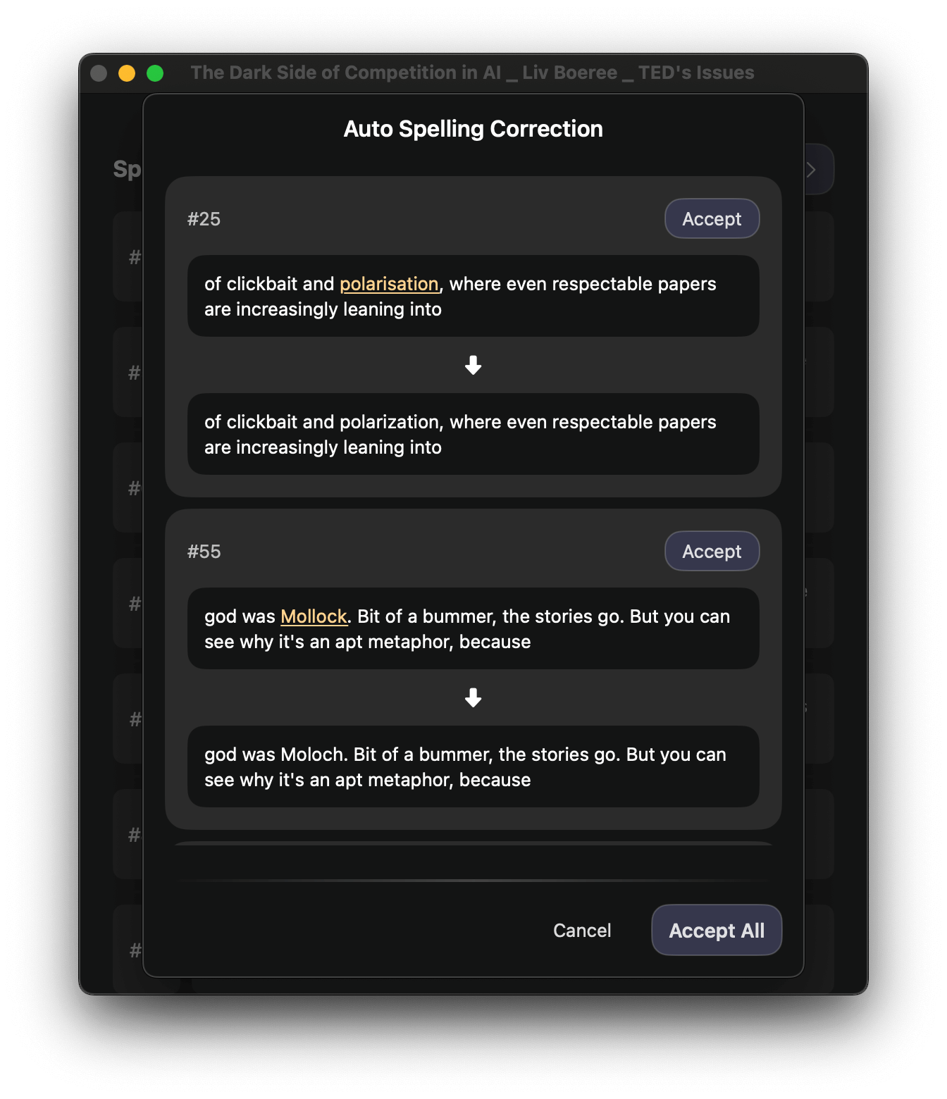 Screenshot showing the SubEasy interface with the typos correction.